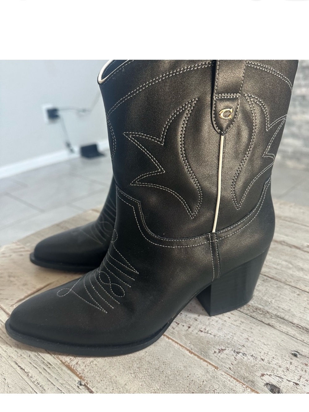 Coach Black Leather Western Ankle Booties